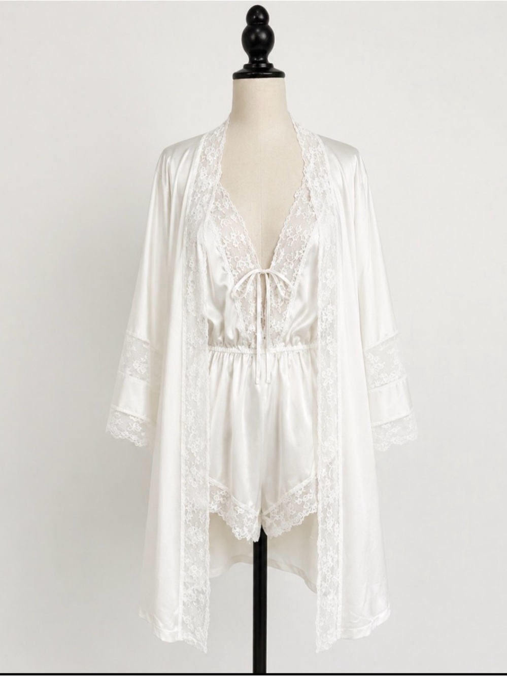 Vintage White Satin and Lace Teddy and Robe Set